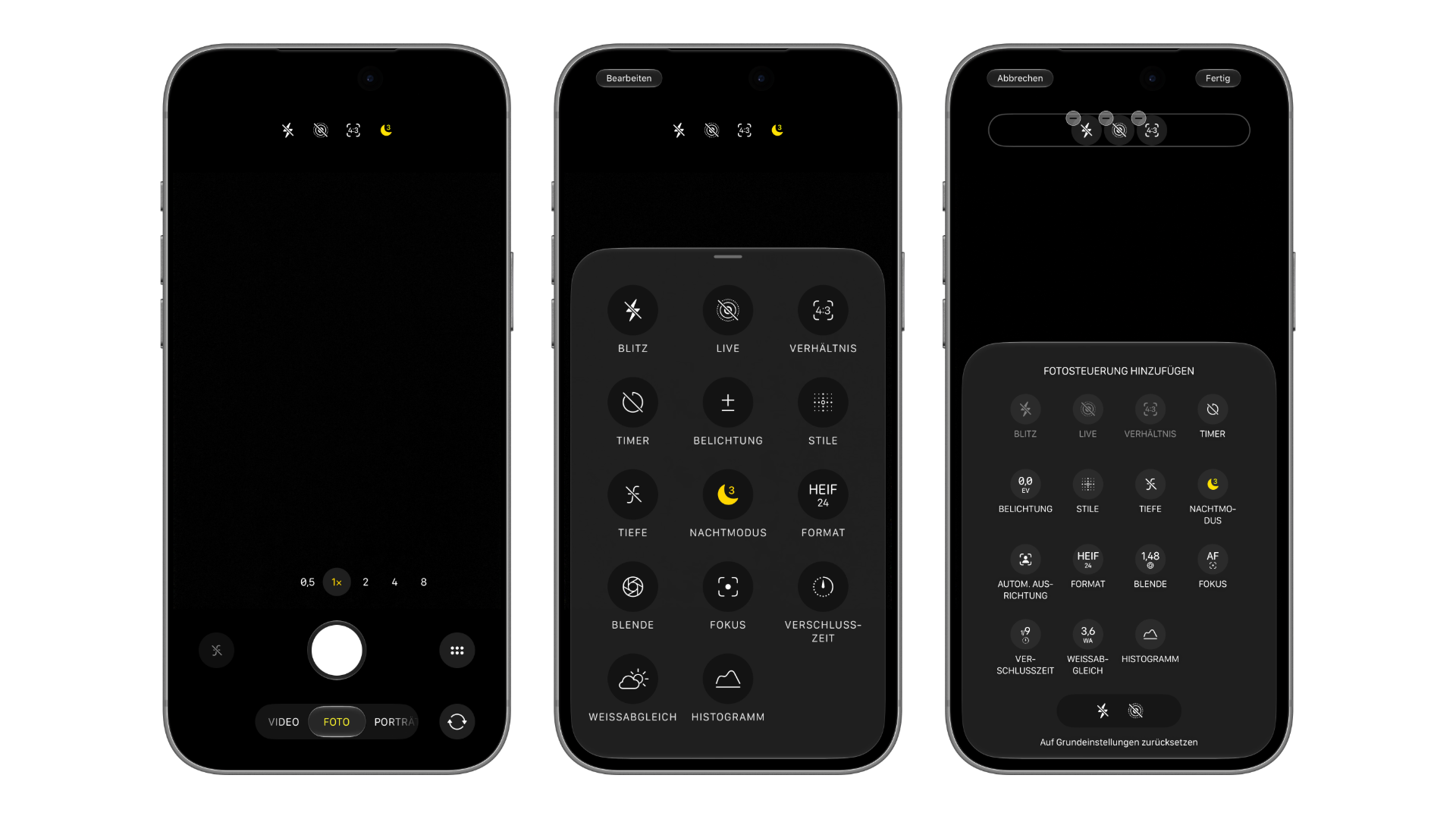 Three iPhone mockups running iOS 27 showing how to customize the Camera app controls in Photo mode: camera view, open controls panel with the Edit button and the selection for adding photo controls