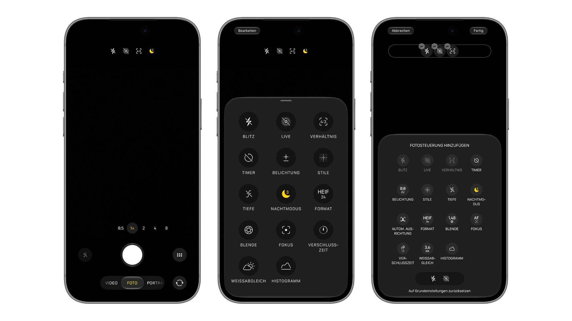 Drei iPhone-Mockups mit iOS 27 zeigen, wie sich die Kamera-App-Steuerelemente im Fotomodus anpassen lassen: Kameraansicht, geöffnetes Steuerfeld mit „Bearbeiten“ und die Auswahl „Fotosteuerung hinzufügen“