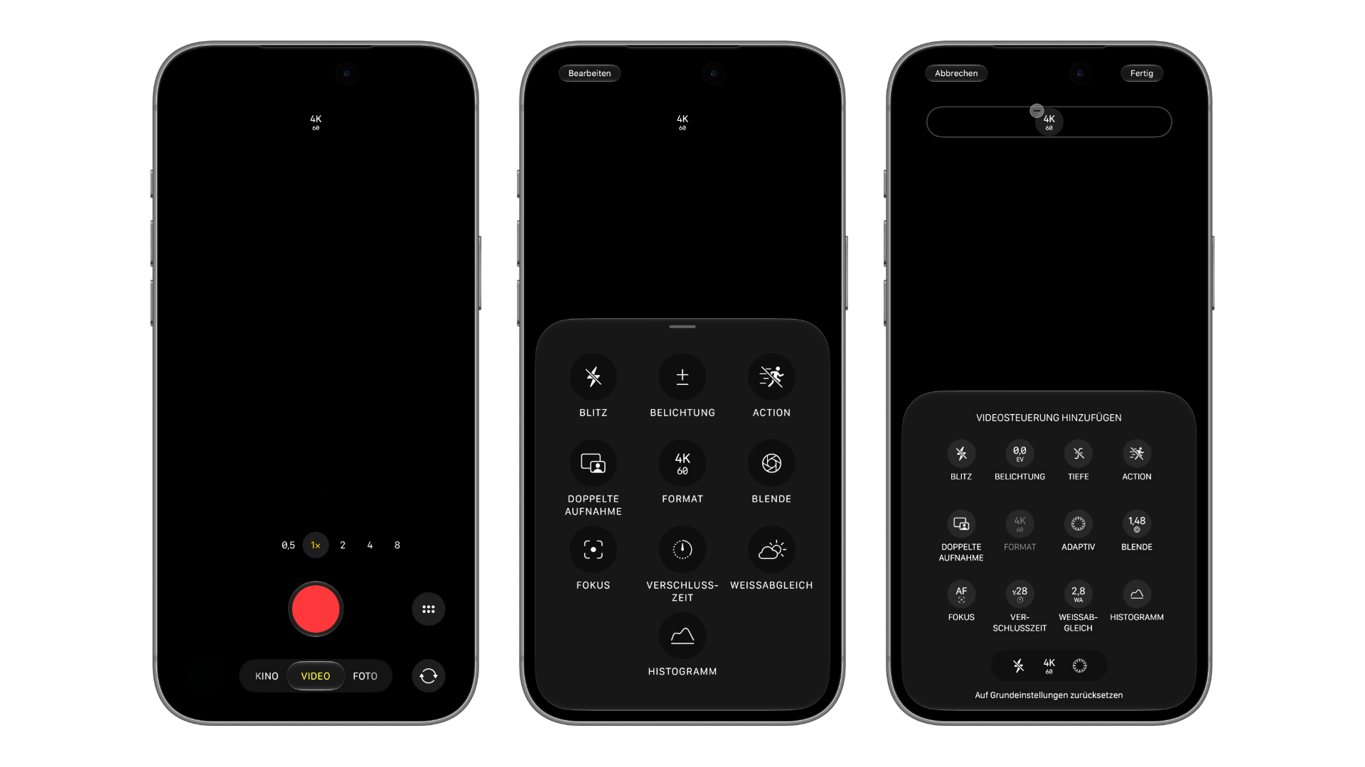 Three iPhone mockups running iOS 27 showing the Camera app controls in Video mode: camera view with 4K 60, open controls panel and the selection for adding video controls