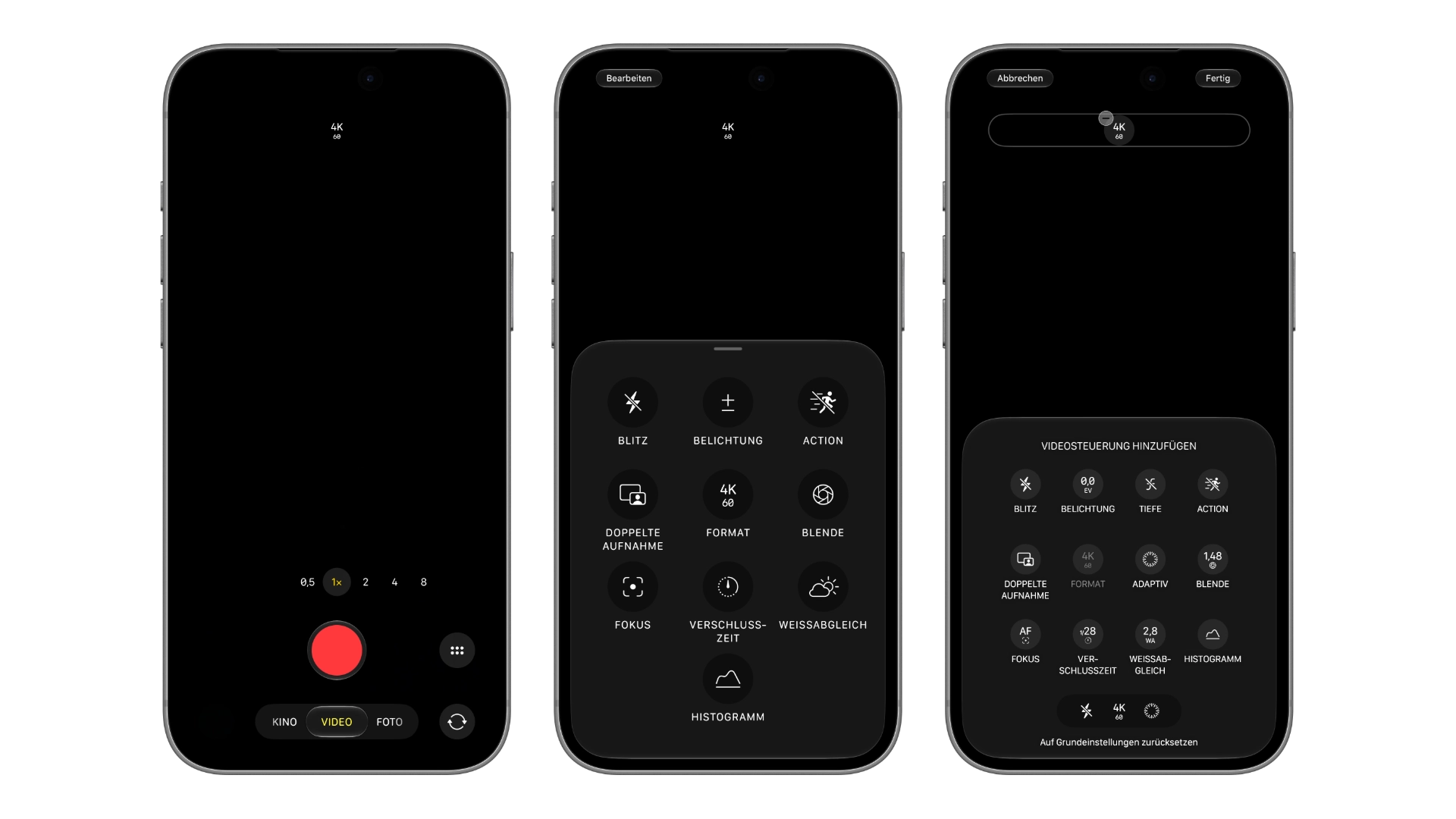 Drei iPhone-Mockups mit iOS 27 zeigen die Kamera-App-Steuerelemente im Videomodus: Kameraansicht mit 4K 60, geöffnetes Steuerfeld und die Auswahl „Videosteuerung hinzufügen“