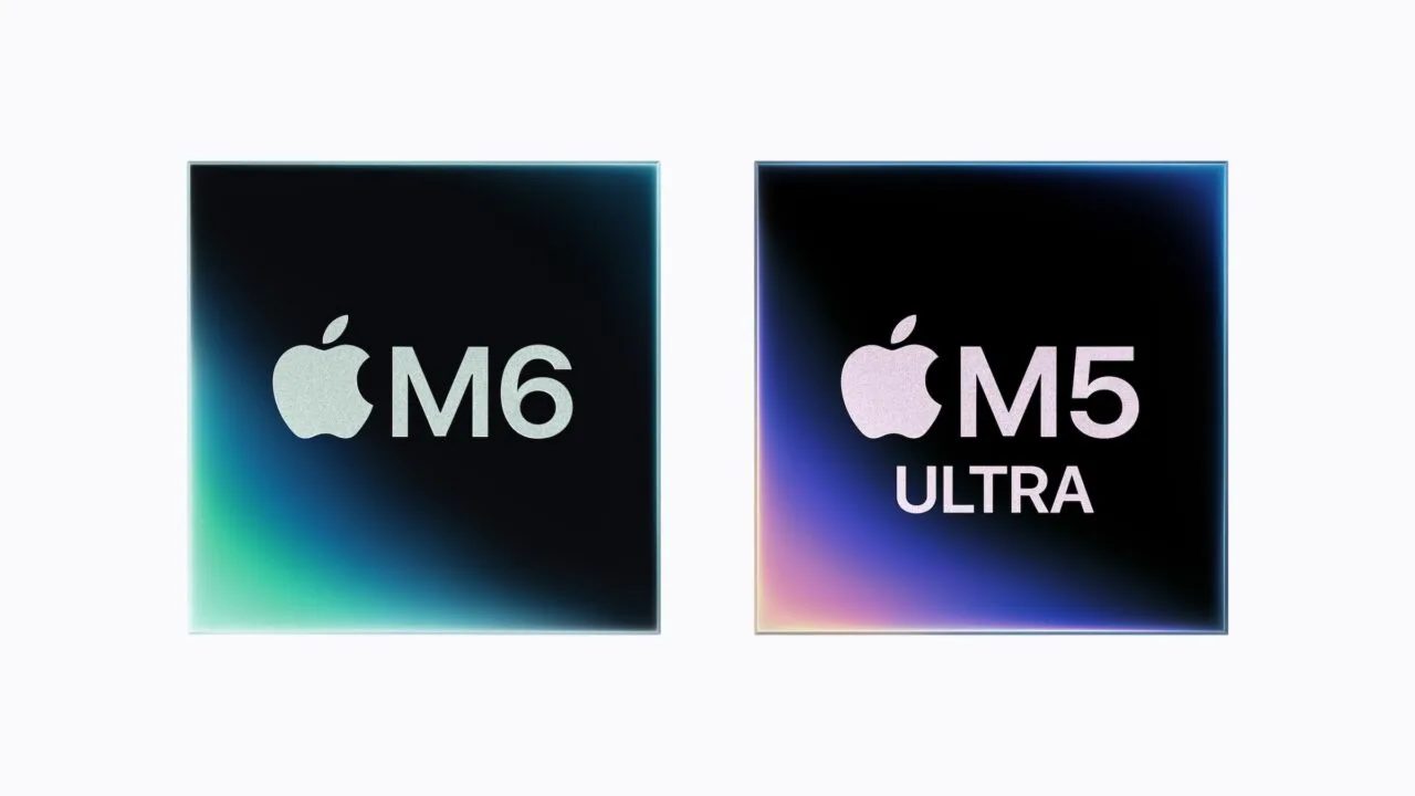 M5 Ultra und M6 im Benchmark: Apples Chip-Logos für den M6 und den M5 Ultra nebeneinander