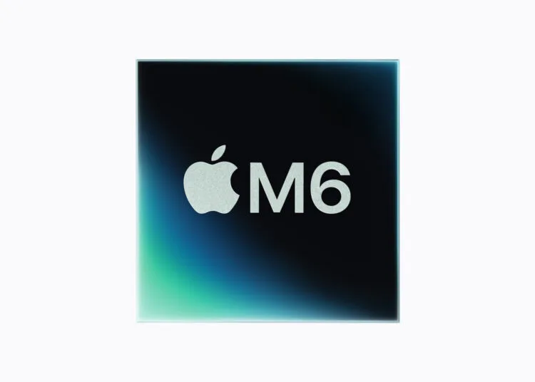M6 Benchmark: Apples Grafik des M6-Chips mit Apple-Logo auf schwarz-türkisem Verlauf