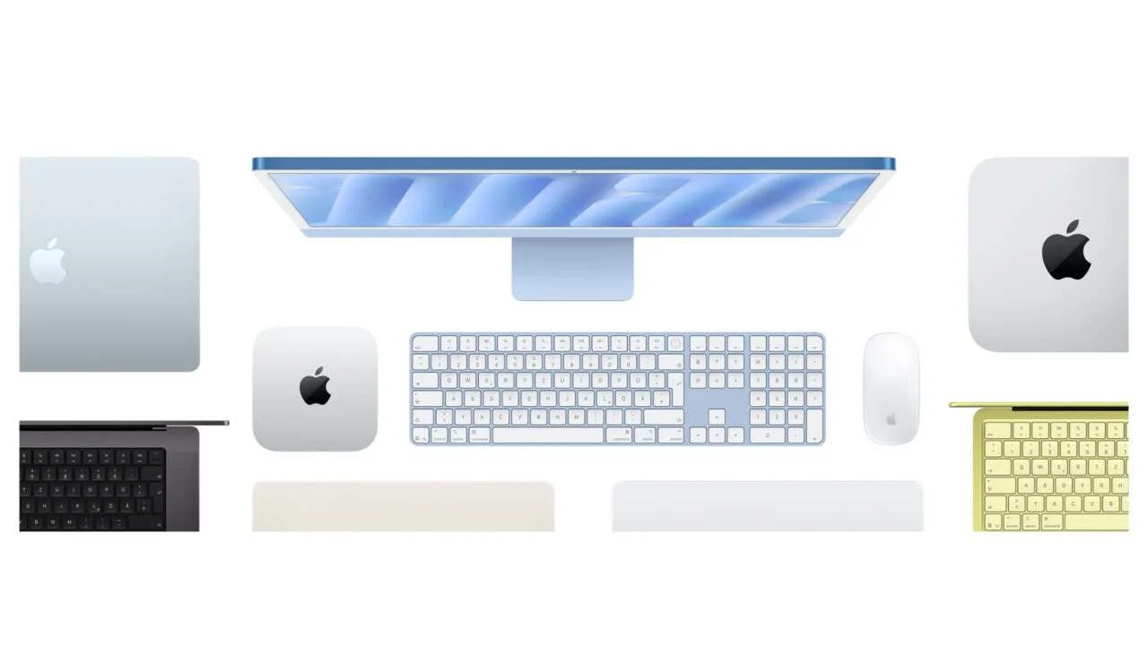 Mac Kaufberatung: blauer iMac mit Tastatur und Maus in der Draufsicht, daneben Mac mini, weitere Macs und MacBooks in mehreren Farben