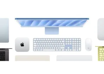 Mac Kaufberatung: blauer iMac mit Tastatur und Maus in der Draufsicht, daneben Mac mini, weitere Macs und MacBooks in mehreren Farben