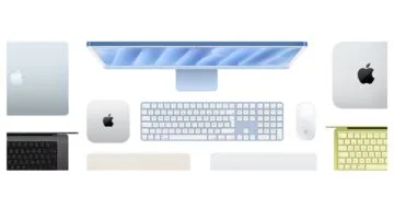 Mac Kaufberatung: blauer iMac mit Tastatur und Maus in der Draufsicht, daneben Mac mini, weitere Macs und MacBooks in mehreren Farben