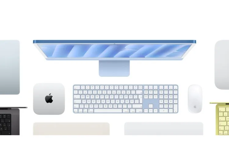 Mac Kaufberatung: blauer iMac mit Tastatur und Maus in der Draufsicht, daneben Mac mini, weitere Macs und MacBooks in mehreren Farben