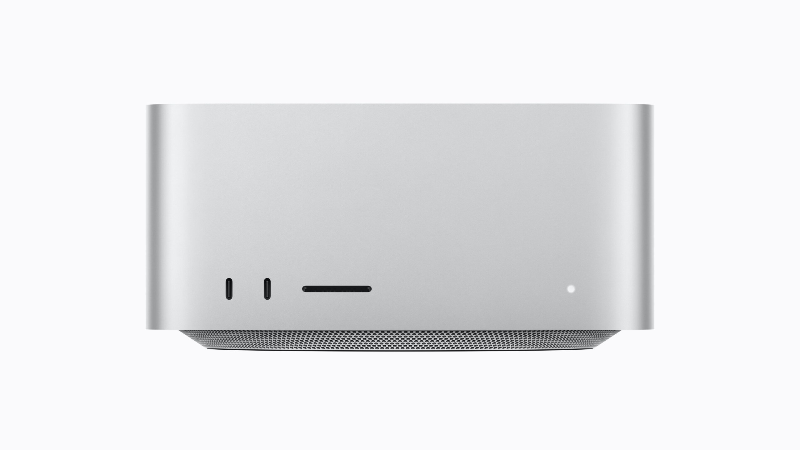 Mac buying guide: silver Mac Studio seen from the front with two ports, SD card slot and status light