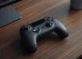 Konzeptbild zum Apple Game-Controller: dunkler Spielecontroller auf einem Holzschreibtisch