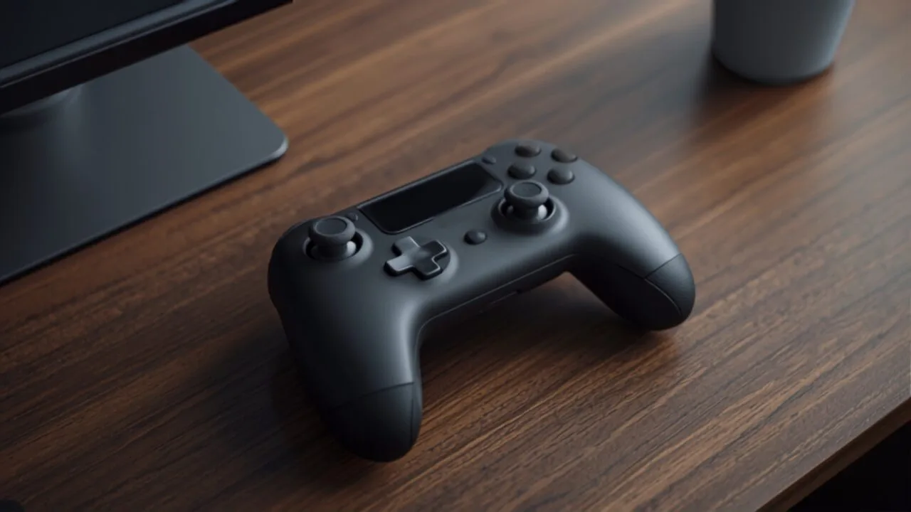 Konzeptbild zum Apple Game-Controller: dunkler Spielecontroller auf einem Holzschreibtisch