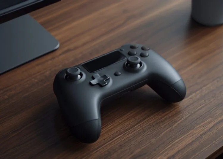Konzeptbild zum Apple Game-Controller: dunkler Spielecontroller auf einem Holzschreibtisch
