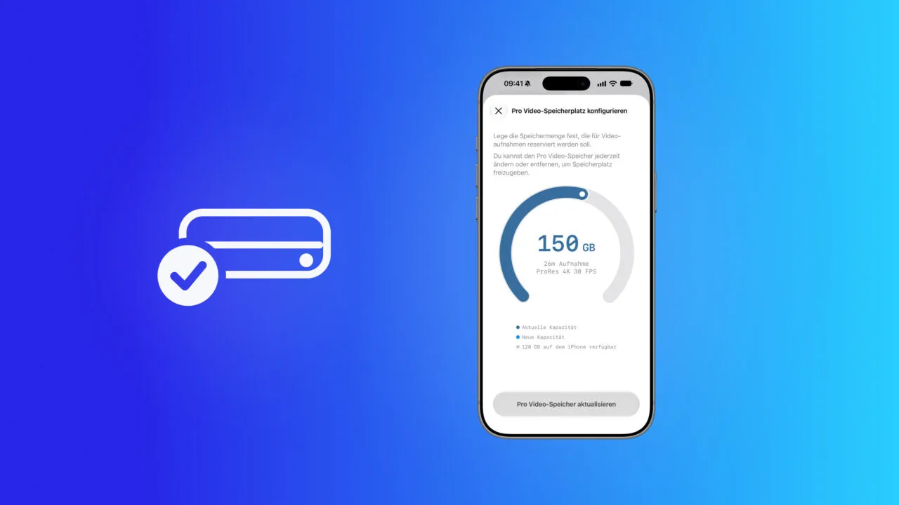Pro Video-Speicher am iPhone 18 Pro: iPhone mit dem Regler Pro Video-Speicherplatz konfigurieren bei 150 GB und rund 26 Minuten ProRes 4K 30 fps, daneben ein Laufwerk mit Haken