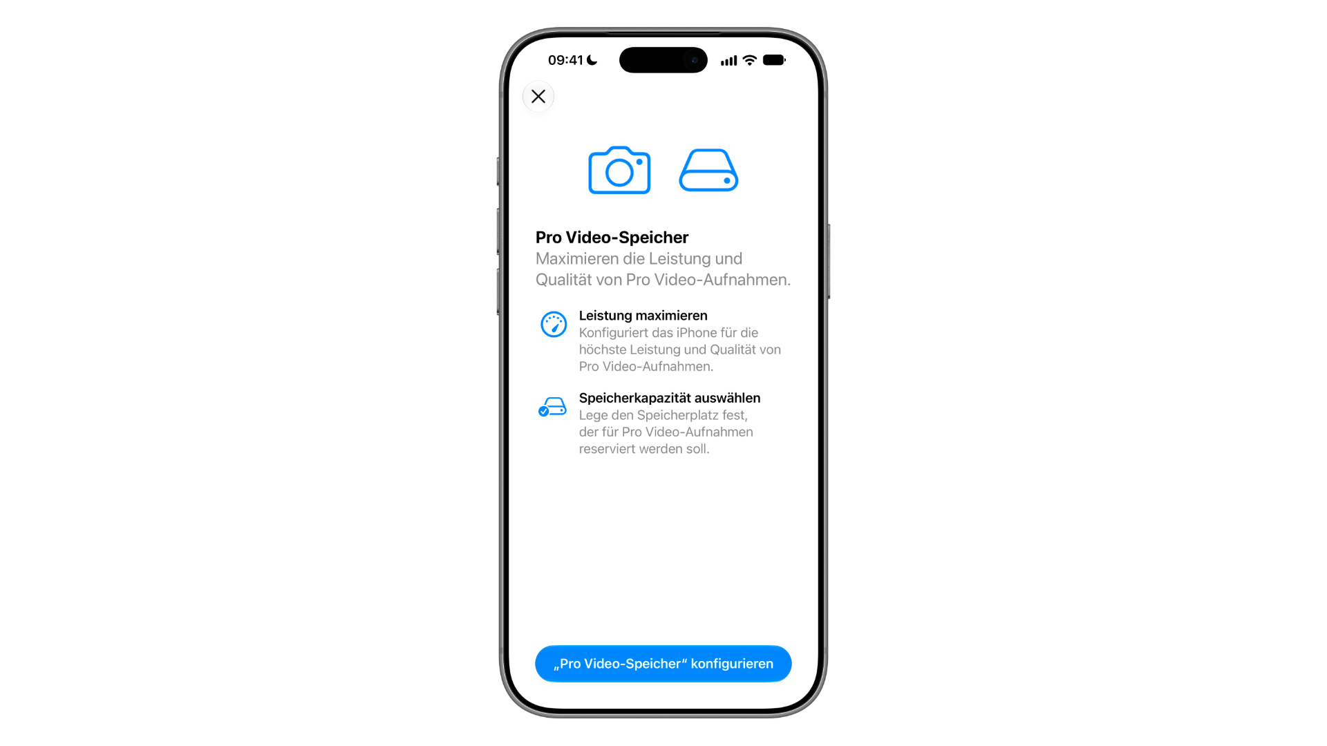 Pro Video Storage on iPhone 18 Pro: introduction screen with camera and drive icons and the points Maximise Performance and Choose Storage Capacity