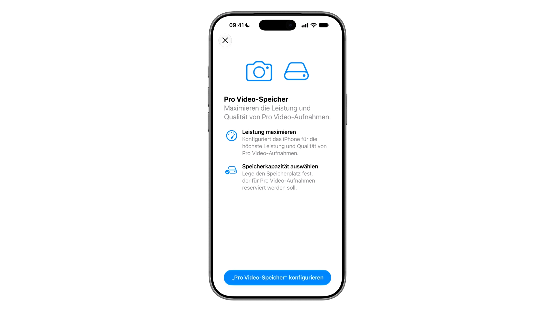 Pro Video-Speicher am iPhone 18 Pro: Einführungsfenster mit Kamera- und Laufwerkssymbol sowie den Punkten Leistung maximieren und Speicherkapazität auswählen