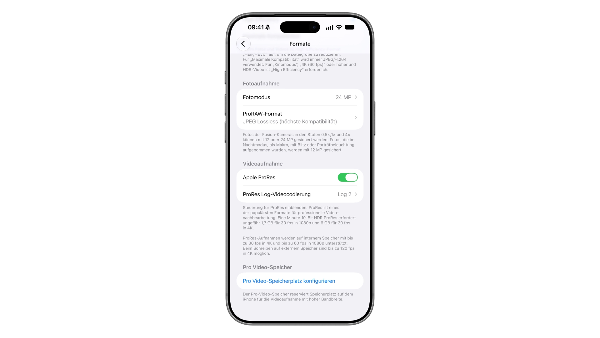 Pro Video-Speicher am iPhone 18 Pro: Einstellungen Formate mit eingeschaltetem Apple ProRes, ProRes Log-Videocodierung und dem Eintrag Pro Video-Speicherplatz konfigurieren
