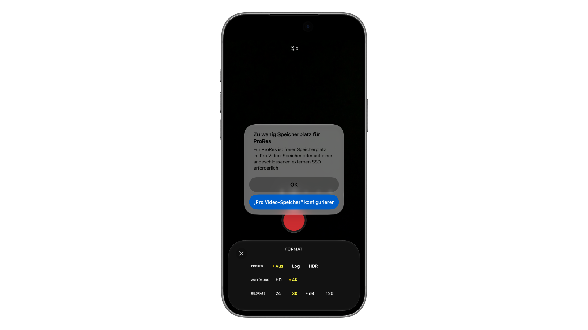 Pro Video Storage on iPhone 18 Pro: Camera app showing the Not Enough Storage for ProRes alert with a button to configure Pro Video Storage