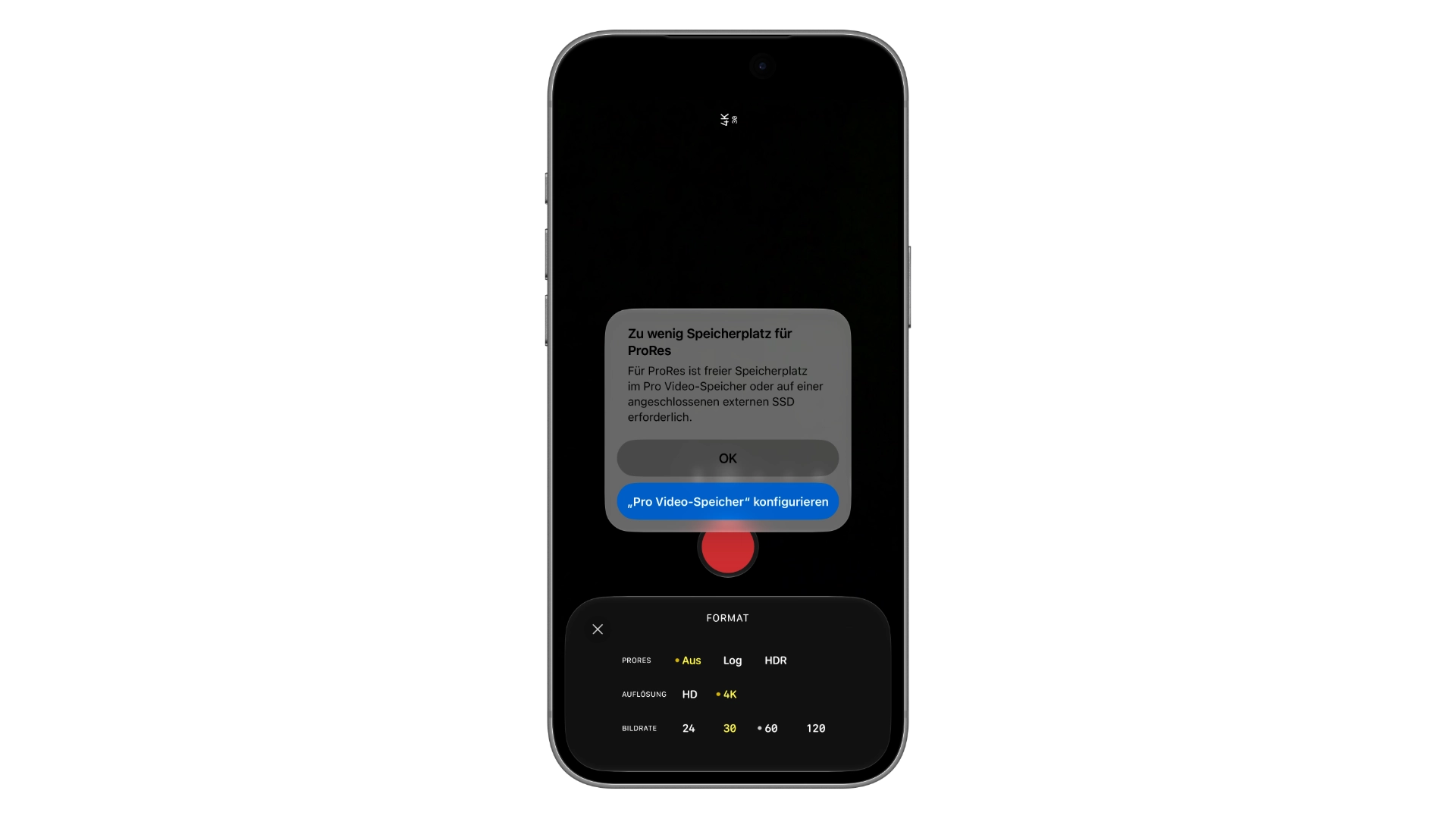 Pro Video-Speicher am iPhone 18 Pro: Kamera-App mit der Meldung Zu wenig Speicherplatz für ProRes und der Schaltfläche zum Konfigurieren des Pro Video-Speichers