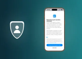Risikoerkennung für Identitätsmissbrauch unter iOS 27: iPhone mit Apples Erklärung und der Schaltfläche Mit App-Entwicklungsteams teilen, daneben ein Schild mit Personensymbol