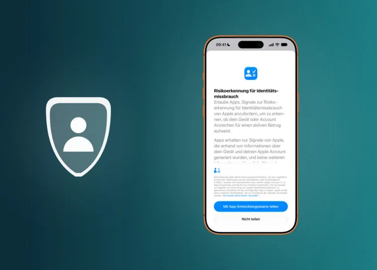 Risikoerkennung für Identitätsmissbrauch unter iOS 27: iPhone mit Apples Erklärung und der Schaltfläche Mit App-Entwicklungsteams teilen, daneben ein Schild mit Personensymbol