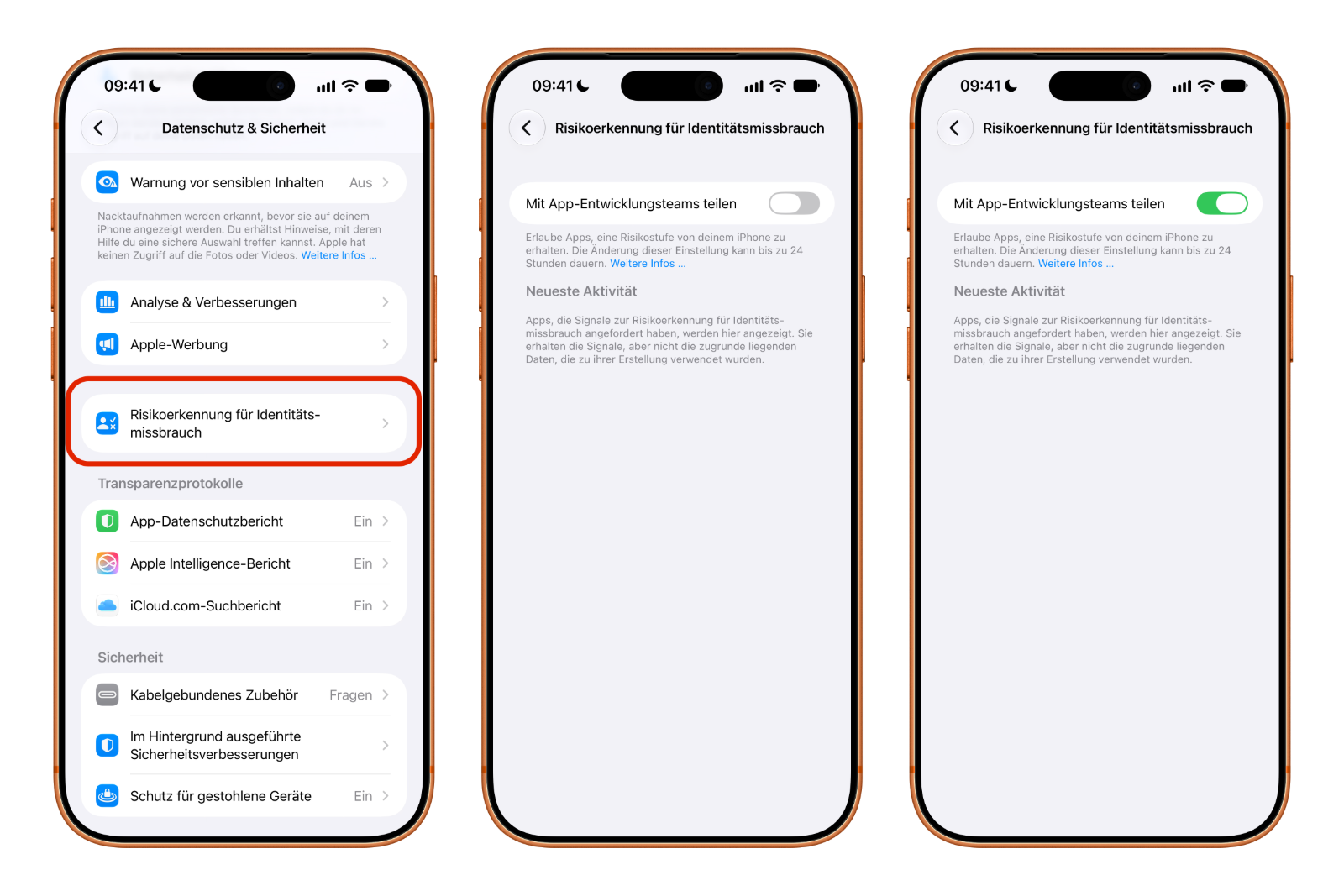 Enabling Impersonation Risk Detection on iOS 27: three iPhone screens showing the entry under Privacy & Security and the Share with App Developers toggle before and after turning it on