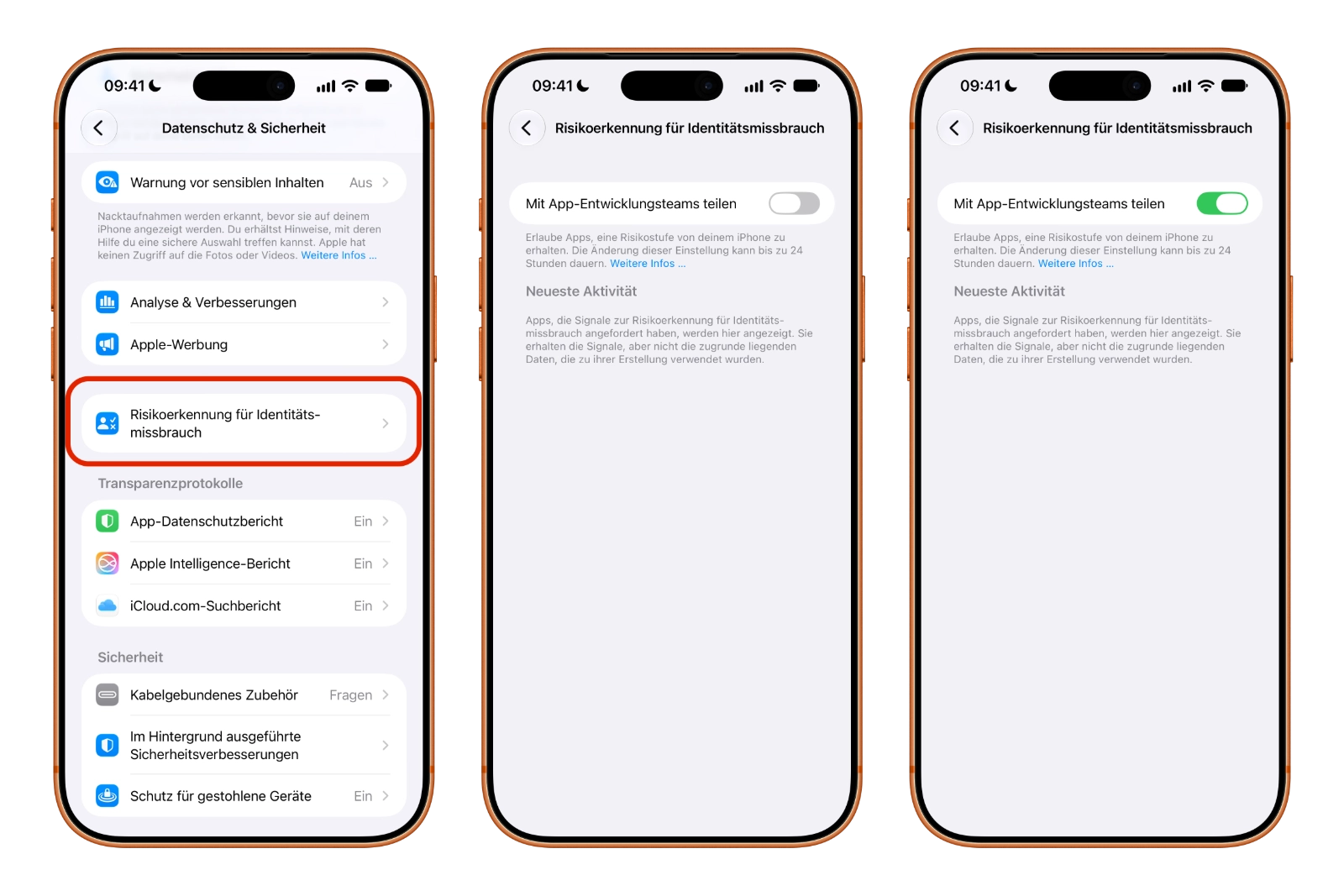 Risikoerkennung für Identitätsmissbrauch aktivieren: drei iPhone-Screens mit dem Eintrag unter Datenschutz & Sicherheit und dem Schalter Mit App-Entwicklungsteams teilen vor und nach dem Einschalten