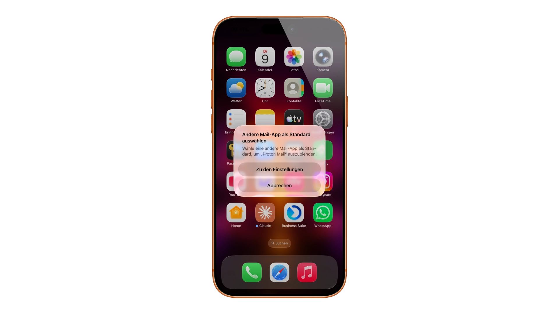 Apps sperren iPhone: Systemhinweis, dass die Standard-Mail-App nicht ausgeblendet werden kann