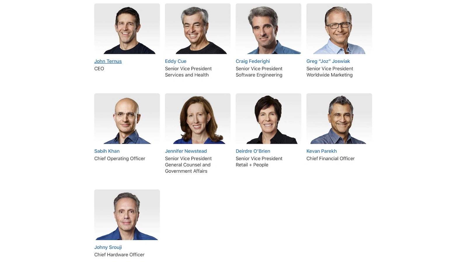 Screenshot der Apple-Führungsseite mit John Ternus als Apple CEO an erster Stelle der Executive Profiles