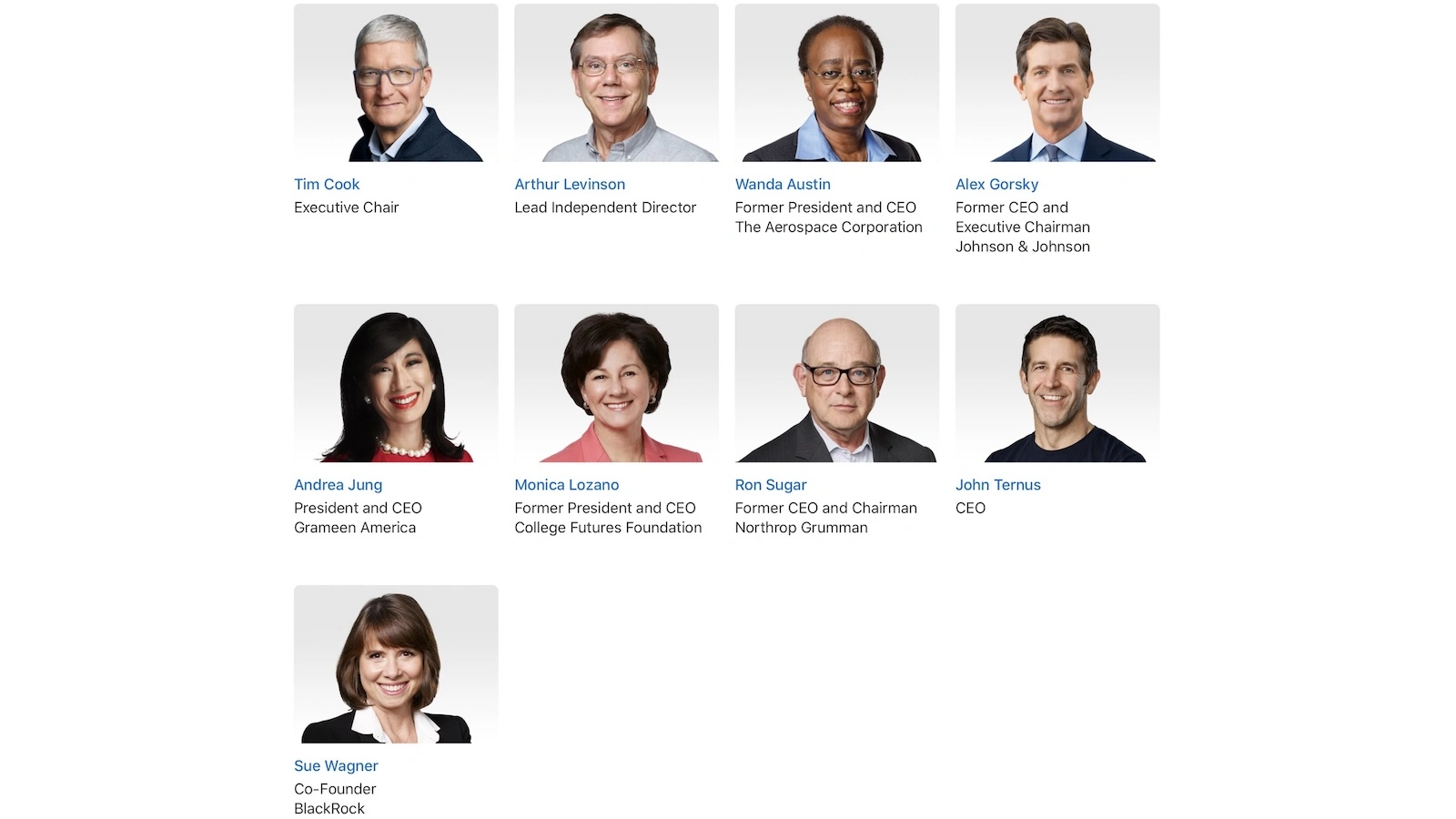 Screenshot der Apple-Führungsseite mit dem Verwaltungsrat, in dem Tim Cook als Executive Chair steht, seit John Ternus Apple CEO ist
