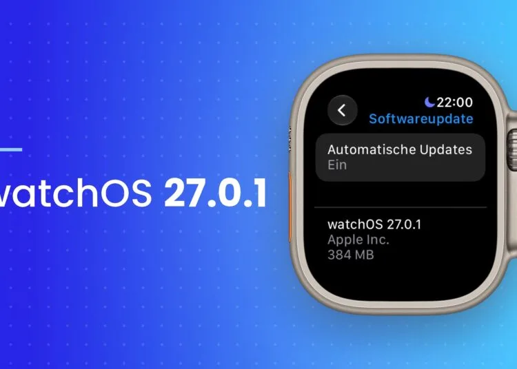 watchOS 27.0.1: Apple Watch Ultra zeigt die Softwareupdate-Einstellungen mit dem Update watchOS 27.0.1 und 384 MB Größe