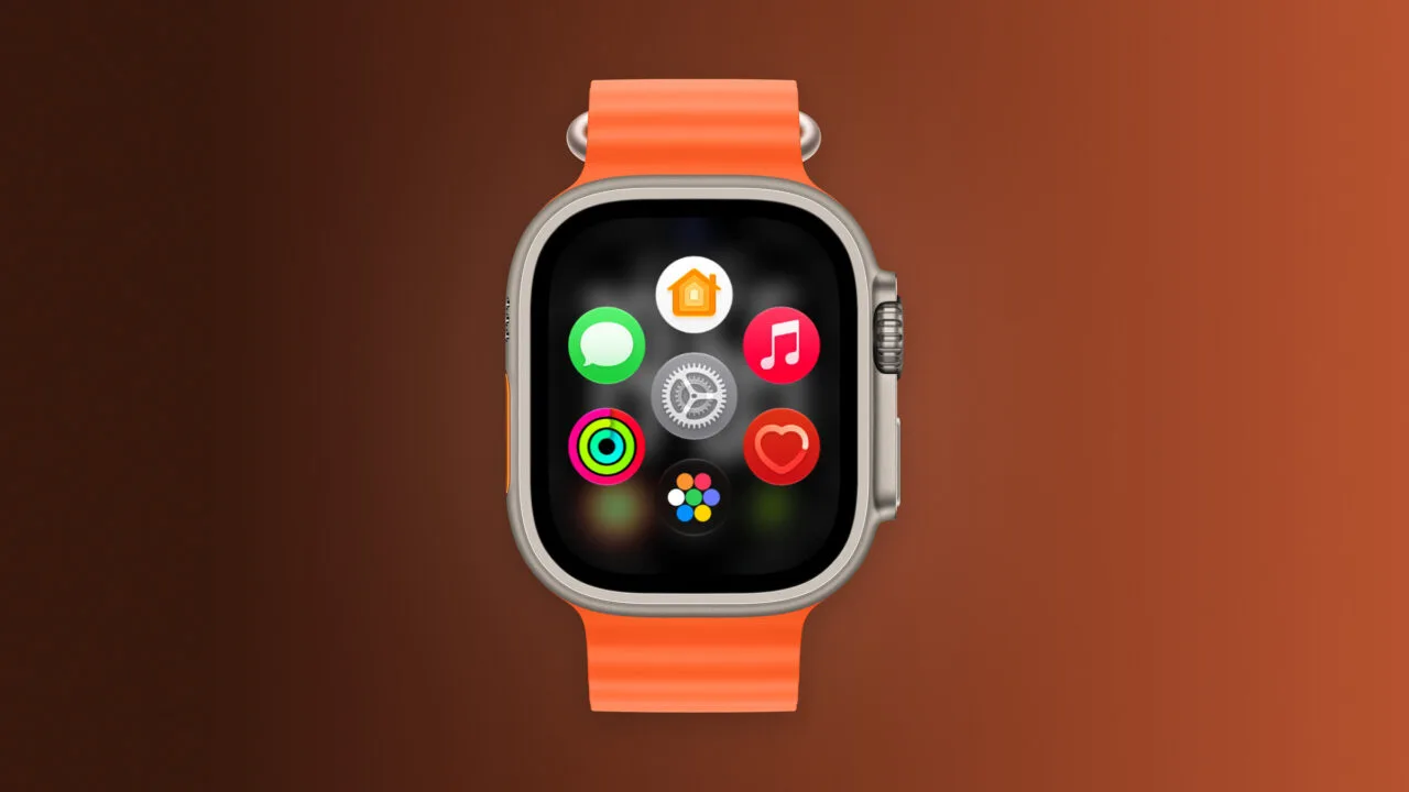 Apple Watch Ultra mit orangefarbenem Armband und App-Ansicht, Gerät für die neue Screenshot-Vorschau in watchOS 27.2