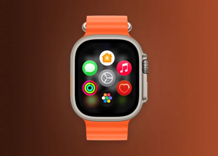 Apple Watch Ultra mit orangefarbenem Armband und App-Ansicht, Gerät für die neue Screenshot-Vorschau in watchOS 27.2
