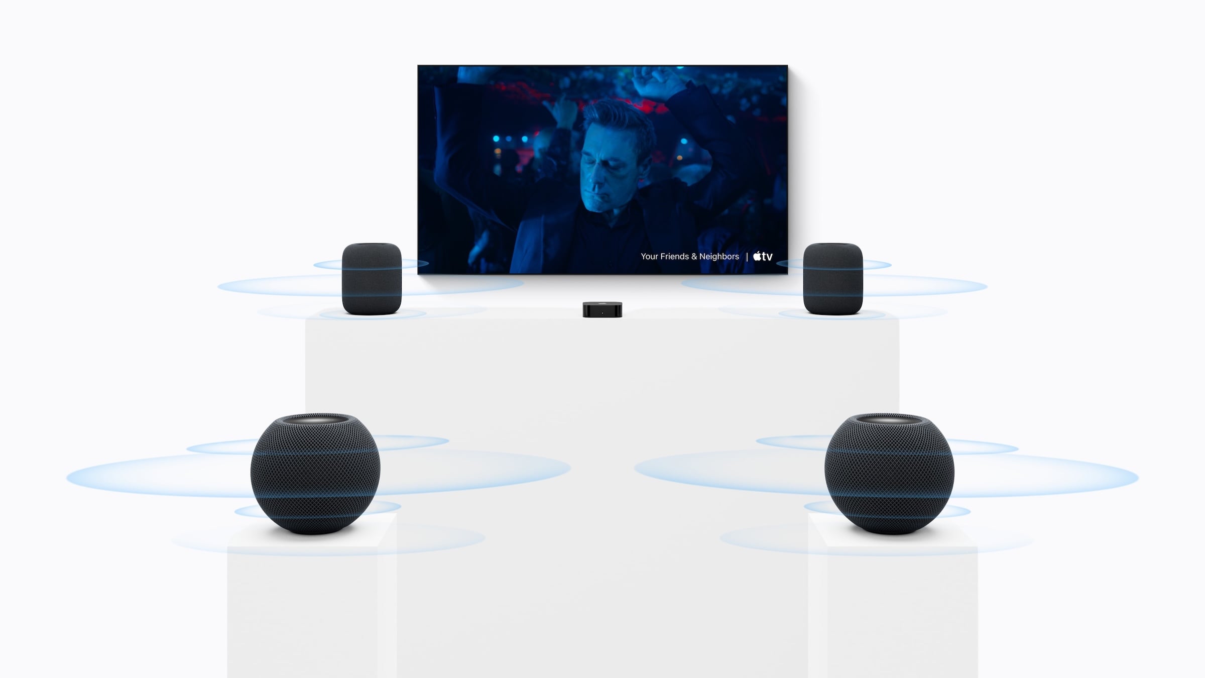 Surround sound with HomePod mini 2 and Apple TV 4K: two HomePod speakers next to the TV in front and two midnight HomePod mini speakers as the rear pair