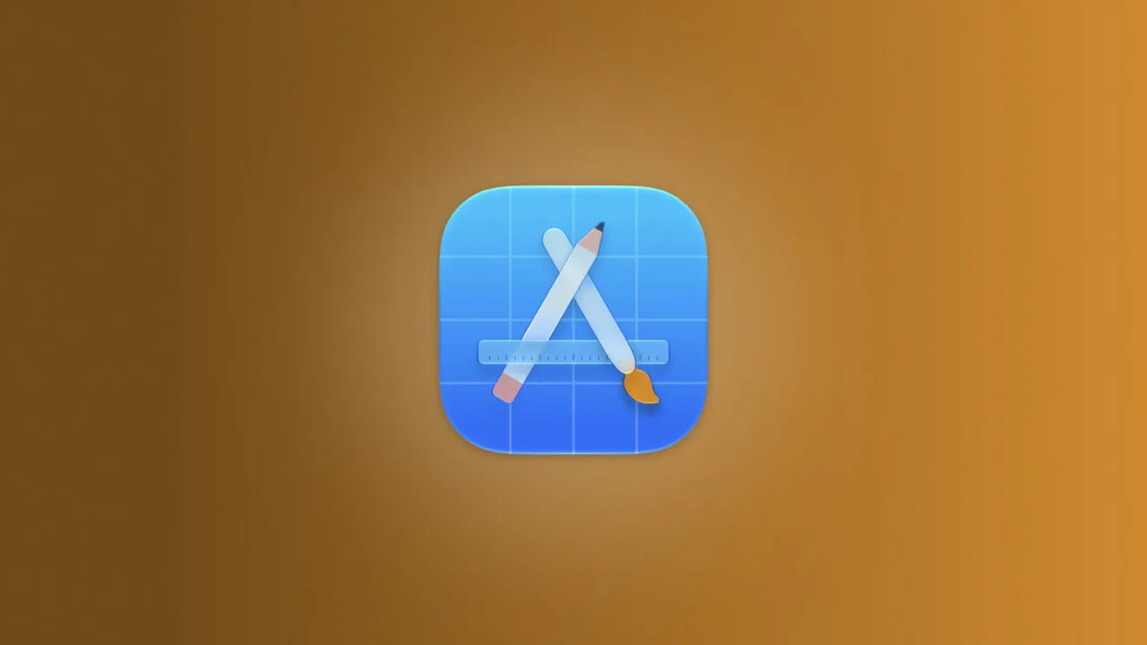 App Store Richtlinien: App-Symbol mit Stift, Pinsel und Lineal in A-Form auf blauem Raster vor orangefarbenem Hintergrund