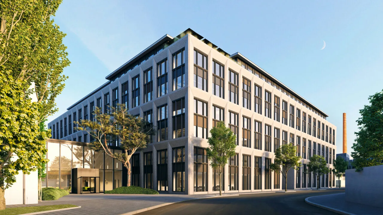 Apple 6G: Visualisierung von Apples Gebäude für das Silizium-Design-Center in München mit Glaseingang und Bäumen