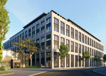 Apple 6G: Visualisierung von Apples Gebäude für das Silizium-Design-Center in München mit Glaseingang und Bäumen