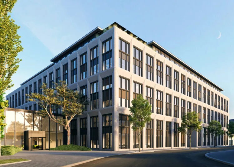 Apple 6G: Visualisierung von Apples Gebäude für das Silizium-Design-Center in München mit Glaseingang und Bäumen