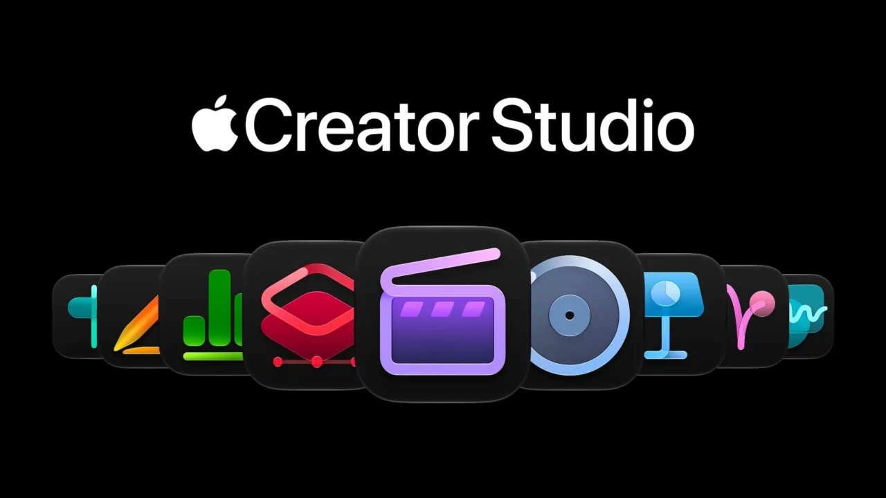Apple Creator Studio Schriftzug über den App-Icons von Final Cut Pro, Logic Pro, Pixelmator Pro, Keynote, Numbers und weiteren Kreativ-Apps