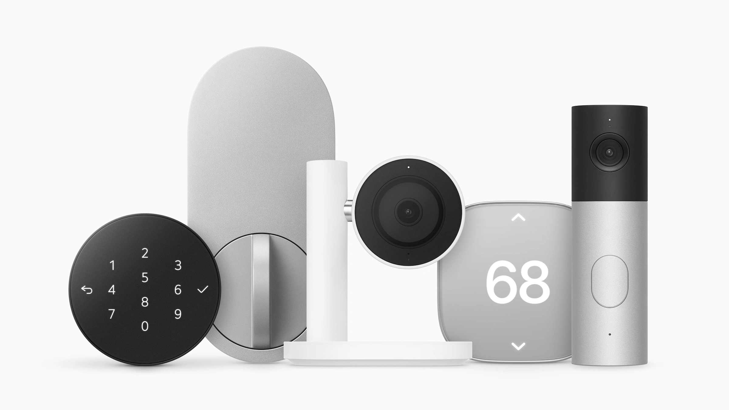Apple Event Welcome home: Geräte der Apple Home Collection mit Zahlenfeld und Innenseite des Türschlosses, einer Kamera, einem Thermostat und einer Video-Türklingel