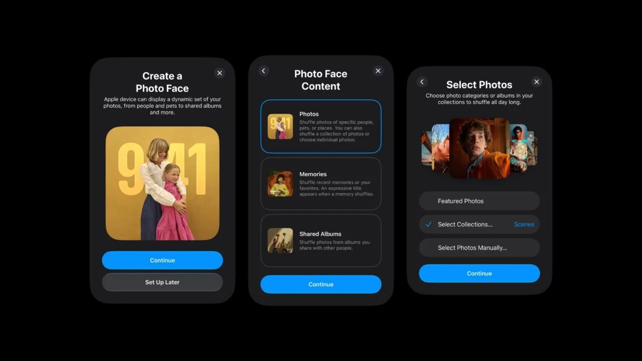 Geleakte Einrichtungsbildschirme zur Apple HomePad Fotoansicht mit Auswahl zwischen Fotos, Rückblicken und geteilten Alben