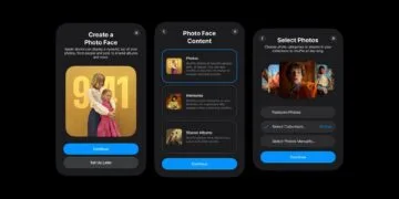 Geleakte Einrichtungsbildschirme zur Apple HomePad Fotoansicht mit Auswahl zwischen Fotos, Rückblicken und geteilten Alben