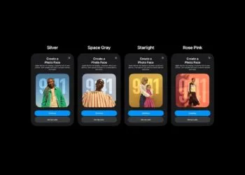 Geleakte Einrichtungsbildschirme der Fotoansicht in vier Varianten, beschriftet mit den möglichen Farben des Apple HomePad: Silver, Space Gray, Starlight und Rose Pink