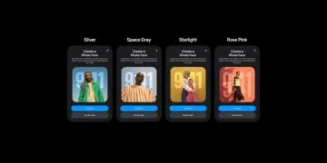 Geleakte Einrichtungsbildschirme der Fotoansicht in vier Varianten, beschriftet mit den möglichen Farben des Apple HomePad: Silver, Space Gray, Starlight und Rose Pink