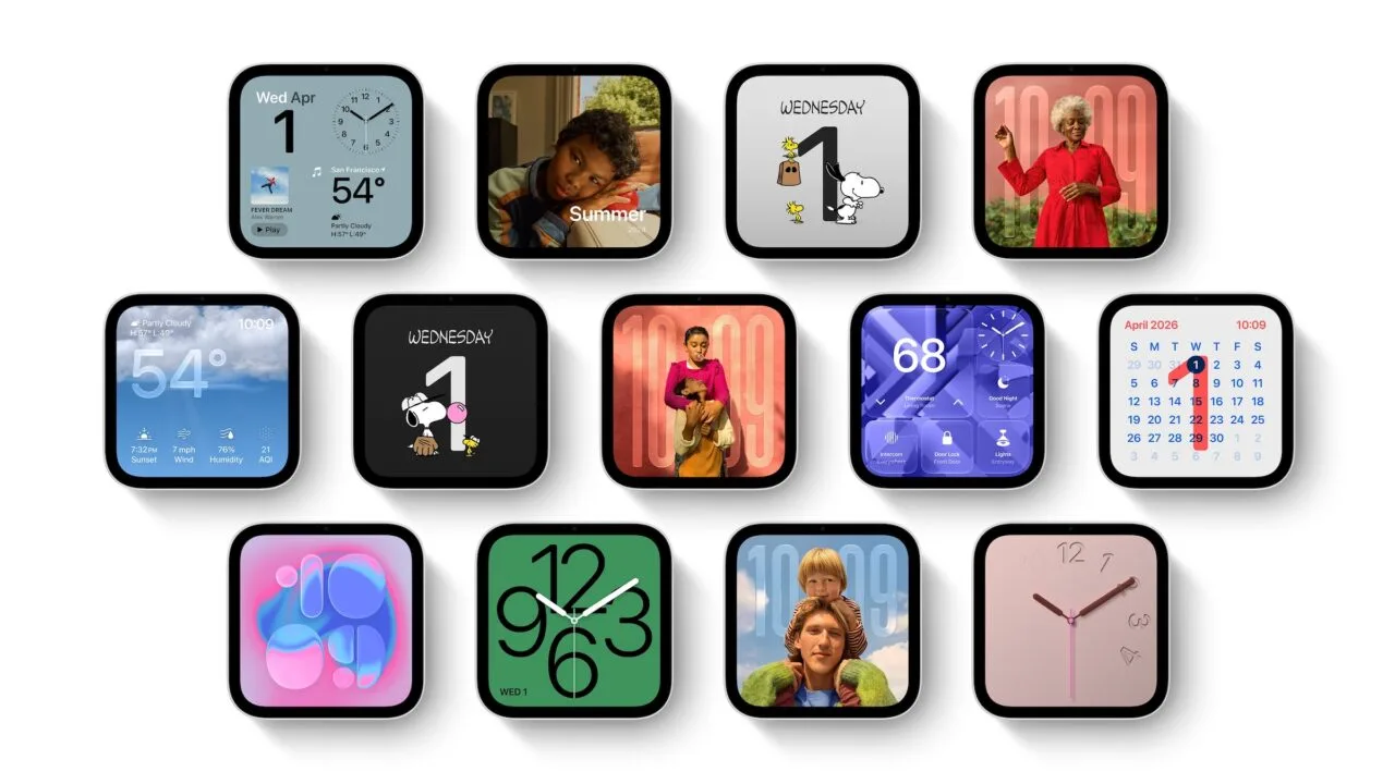 Dreizehn Zifferblätter von Apple HomeView auf dem quadratischen Display, darunter Fotos, Snoopy, Wetter, Kalender und die Steuerung für das Zuhause
