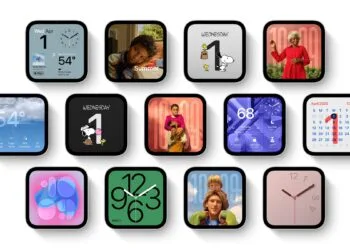 Dreizehn Zifferblätter von Apple HomeView auf dem quadratischen Display, darunter Fotos, Snoopy, Wetter, Kalender und die Steuerung für das Zuhause
