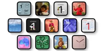 Dreizehn Zifferblätter von Apple HomeView auf dem quadratischen Display, darunter Fotos, Snoopy, Wetter, Kalender und die Steuerung für das Zuhause