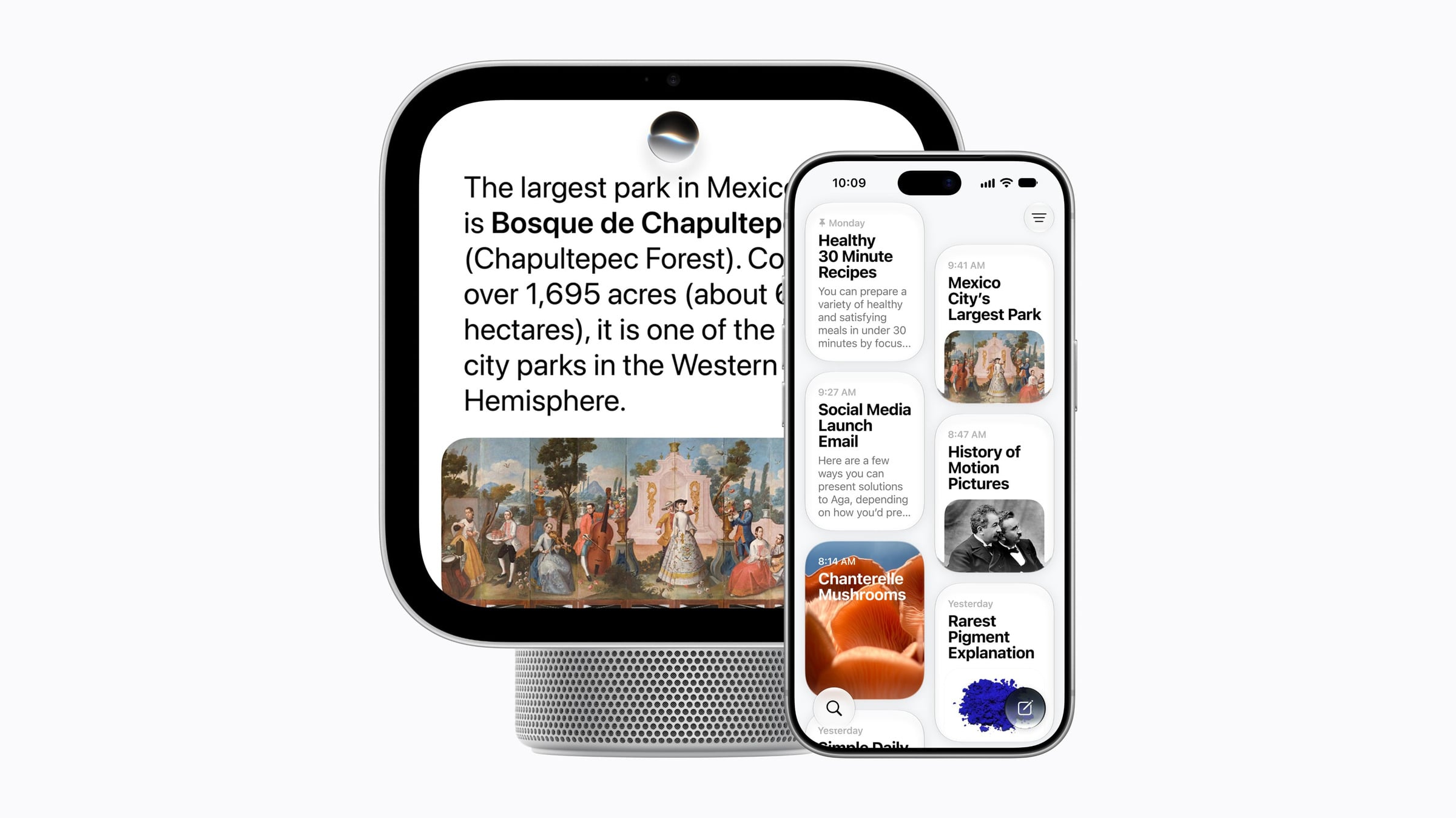 Apple HomeView showing a Siri AI answer next to an iPhone that lists the same conversation in the Siri app history