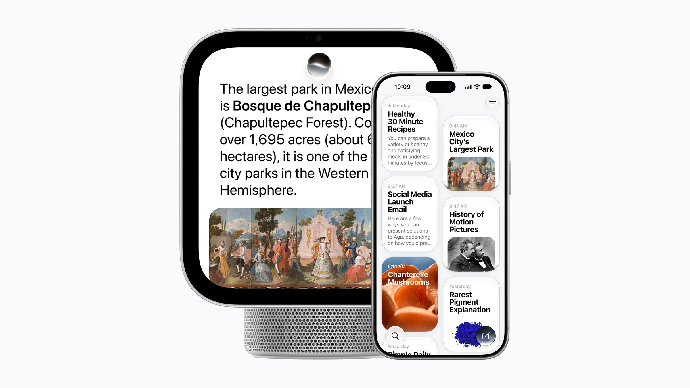 Apple HomeView mit einer Antwort von Siri AI, daneben ein iPhone, das dieselbe Unterhaltung im Verlauf der Siri-App zeigt