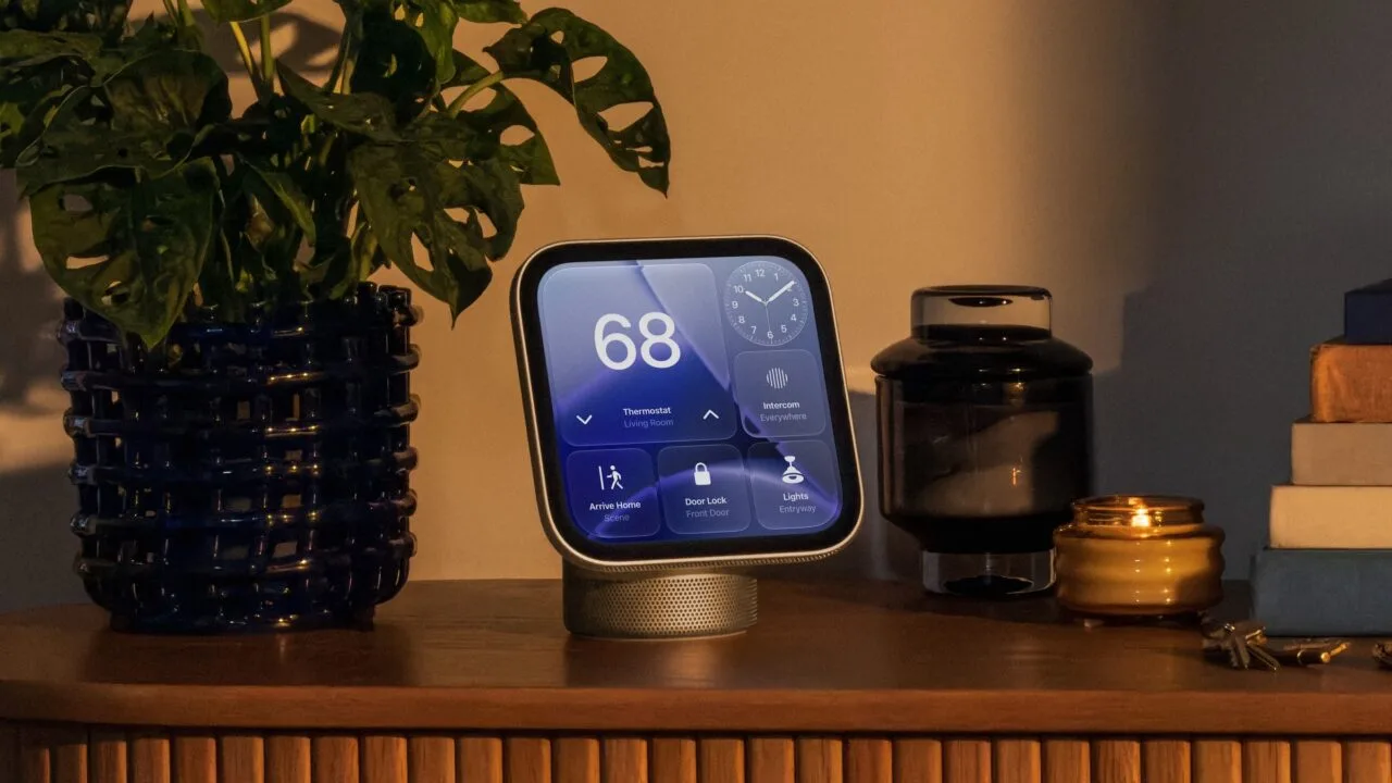 Apple HomeView Siri AI: die Smart-Home-Zentrale auf einem Holz-Sideboard, auf dem Display Thermostat, Uhr, Türschloss und Licht, daneben eine Pflanze und eine Kerze