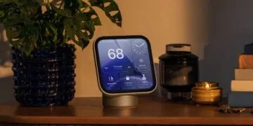 Apple HomeView Siri AI: die Smart-Home-Zentrale auf einem Holz-Sideboard, auf dem Display Thermostat, Uhr, Türschloss und Licht, daneben eine Pflanze und eine Kerze