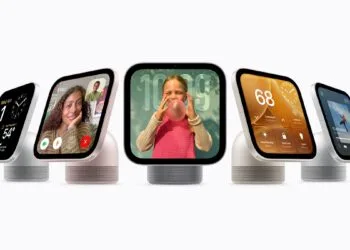 Apple HomeView in fünf Exemplaren nebeneinander, die Bildschirme zeigen Uhrzeit und Wetter, einen FaceTime-Anruf, ein Foto, die Smart-Home-Steuerung und Musik