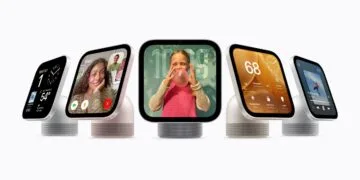 Apple HomeView in fünf Exemplaren nebeneinander, die Bildschirme zeigen Uhrzeit und Wetter, einen FaceTime-Anruf, ein Foto, die Smart-Home-Steuerung und Musik